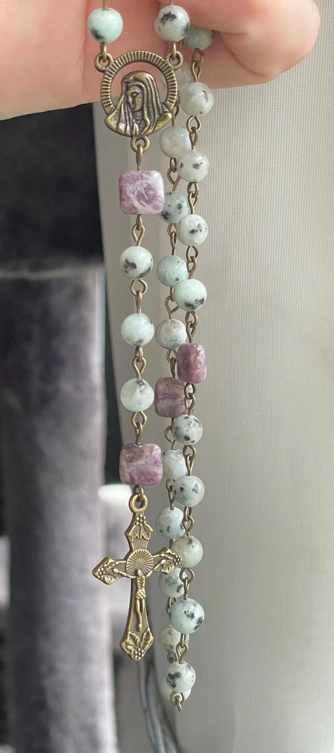 Kiwi Jasper and Lepidolite Handmade Gemstone Rosary - St. Thorlak - Image 2
