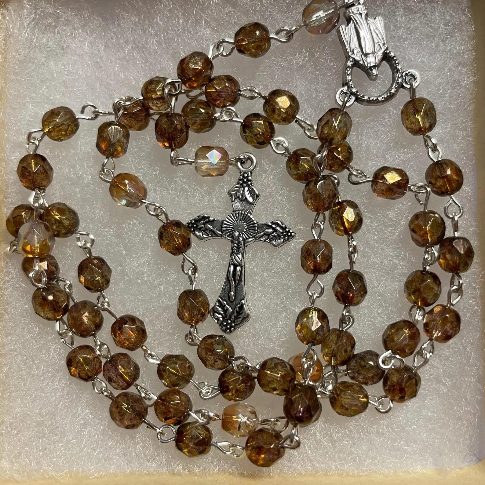 Tan and Cream Czech Glass Handmade Rosary - St. Sabas the Sanctified - Image 4
