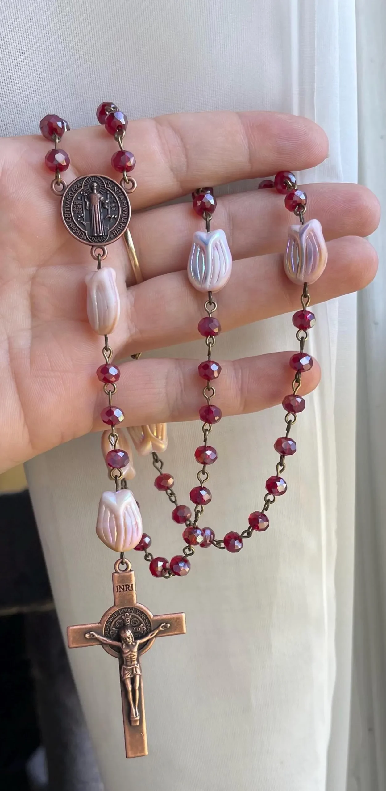 Red Crystal Glass Handmade Rosary - St. Frances of Rome - Image 2