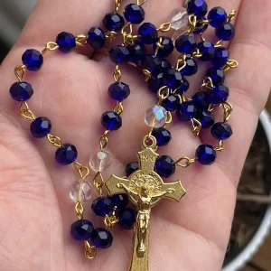 Blue Crystal Glass Rosary with Gold Hardware - St. Casimir
