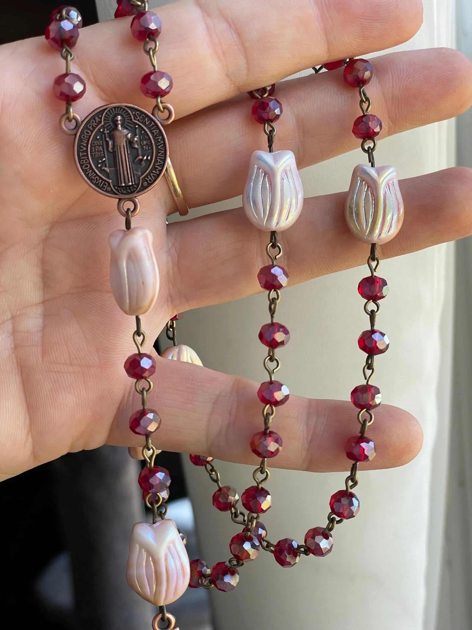 Red Crystal Glass Handmade Rosary - St. Frances of Rome - Image 4