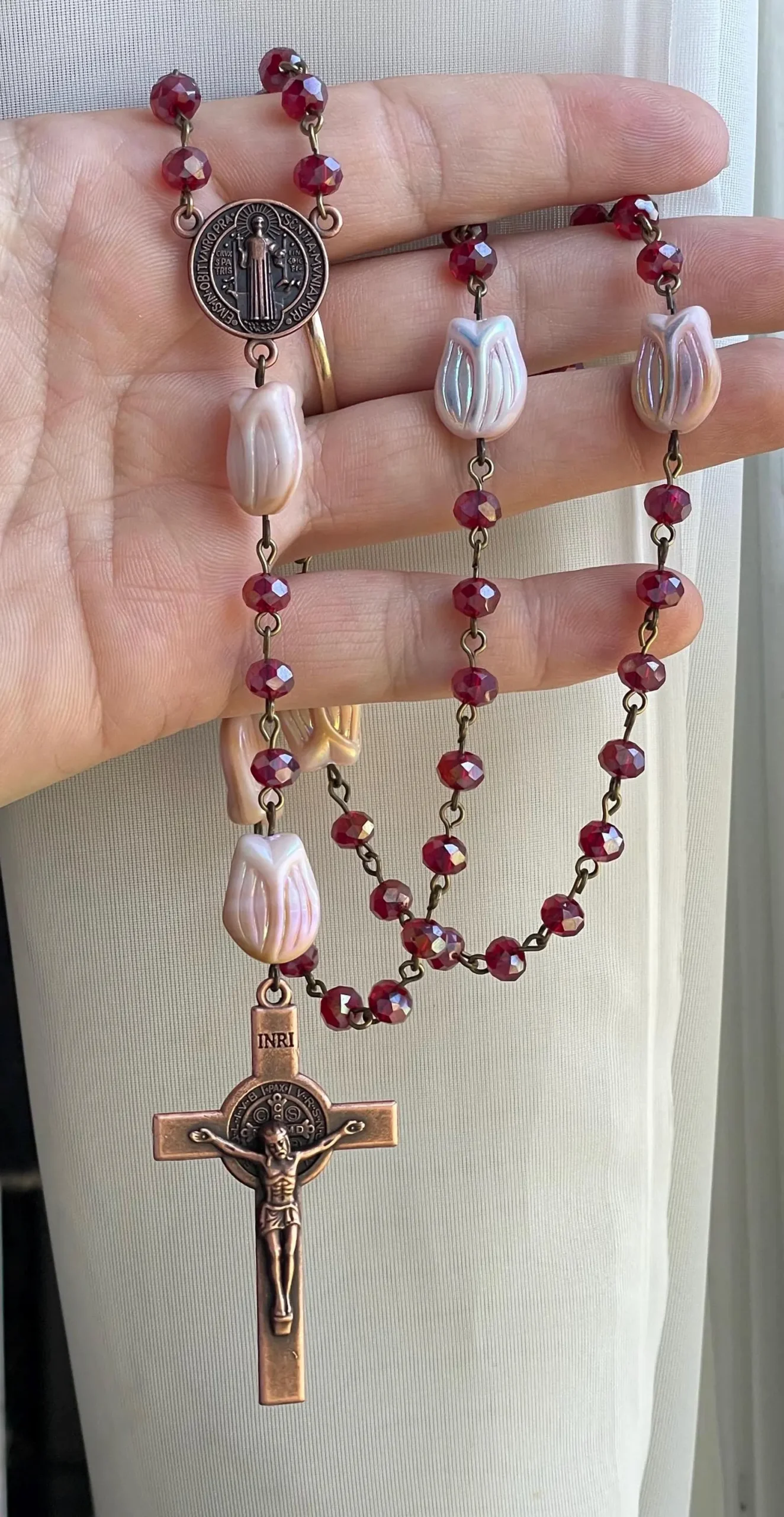 Red Crystal Glass Handmade Rosary - St. Frances of Rome