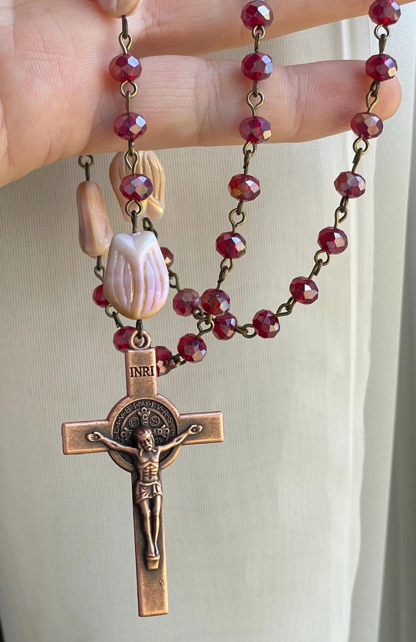 Red Crystal Glass Handmade Rosary - St. Frances of Rome - Image 3