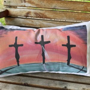 10x18 inch pillow with three crosses and red orange background