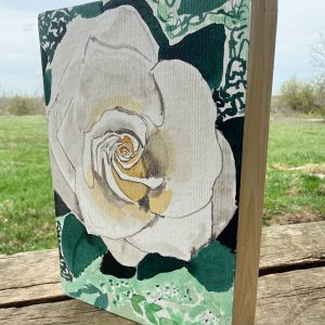 White Rose watercolor painting mounted on wood, side view