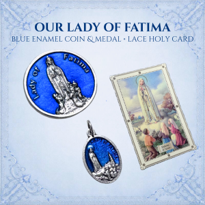 Our Lady of Fatima Pocket Coin Set – Blue Enamel Catholic Medal & Lace Holy Card