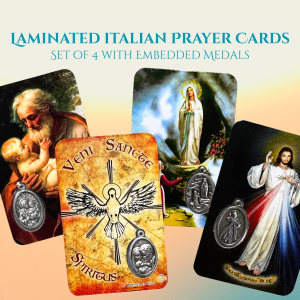 Italian Laminated Catholic Prayer Cards with Medals – Set of 4