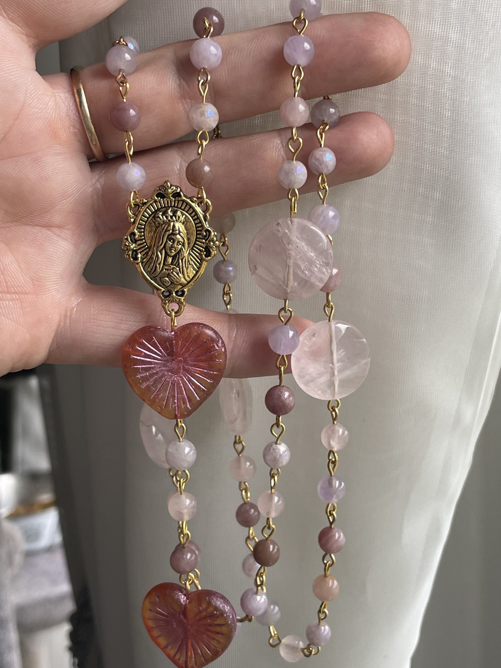 Pink Variety Gemstone Handmade Rosary - St. Isidore - Image 2
