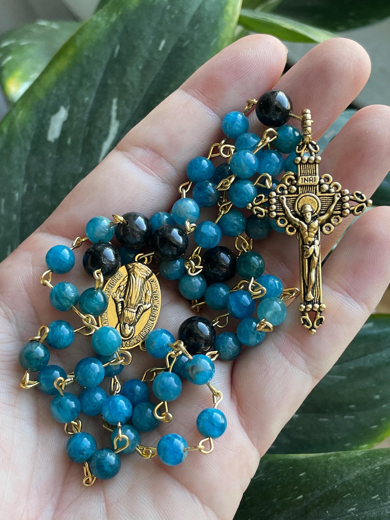 Blue Apatite and Astrophyllite Gemstone Rosary - St. Paul of the Cross - Image 4