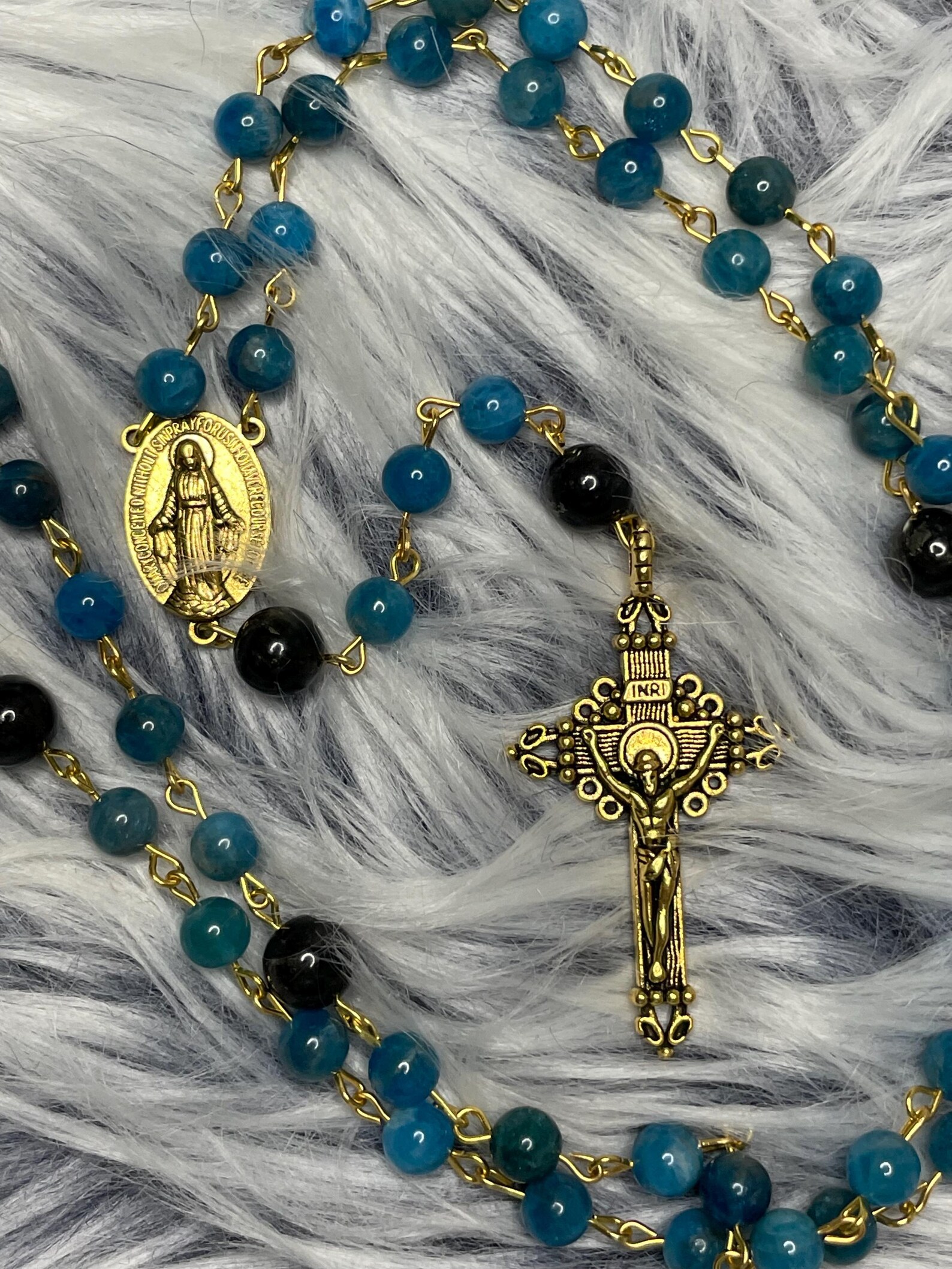 Blue Apatite and Astrophyllite Gemstone Rosary - St. Paul of the Cross - Image 2