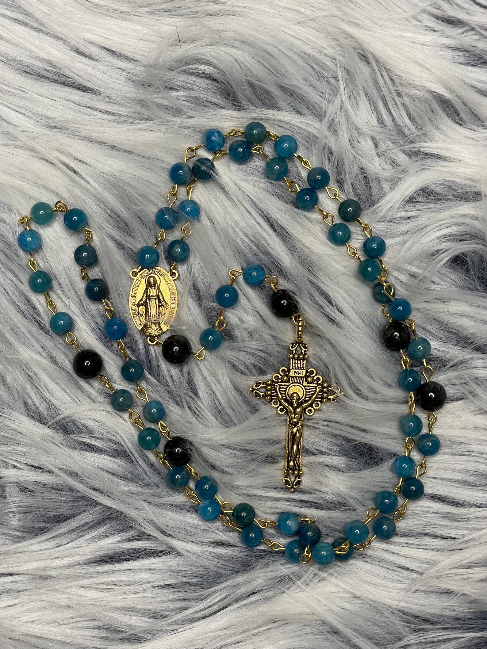 Blue Apatite and Astrophyllite Gemstone Rosary - St. Paul of the Cross