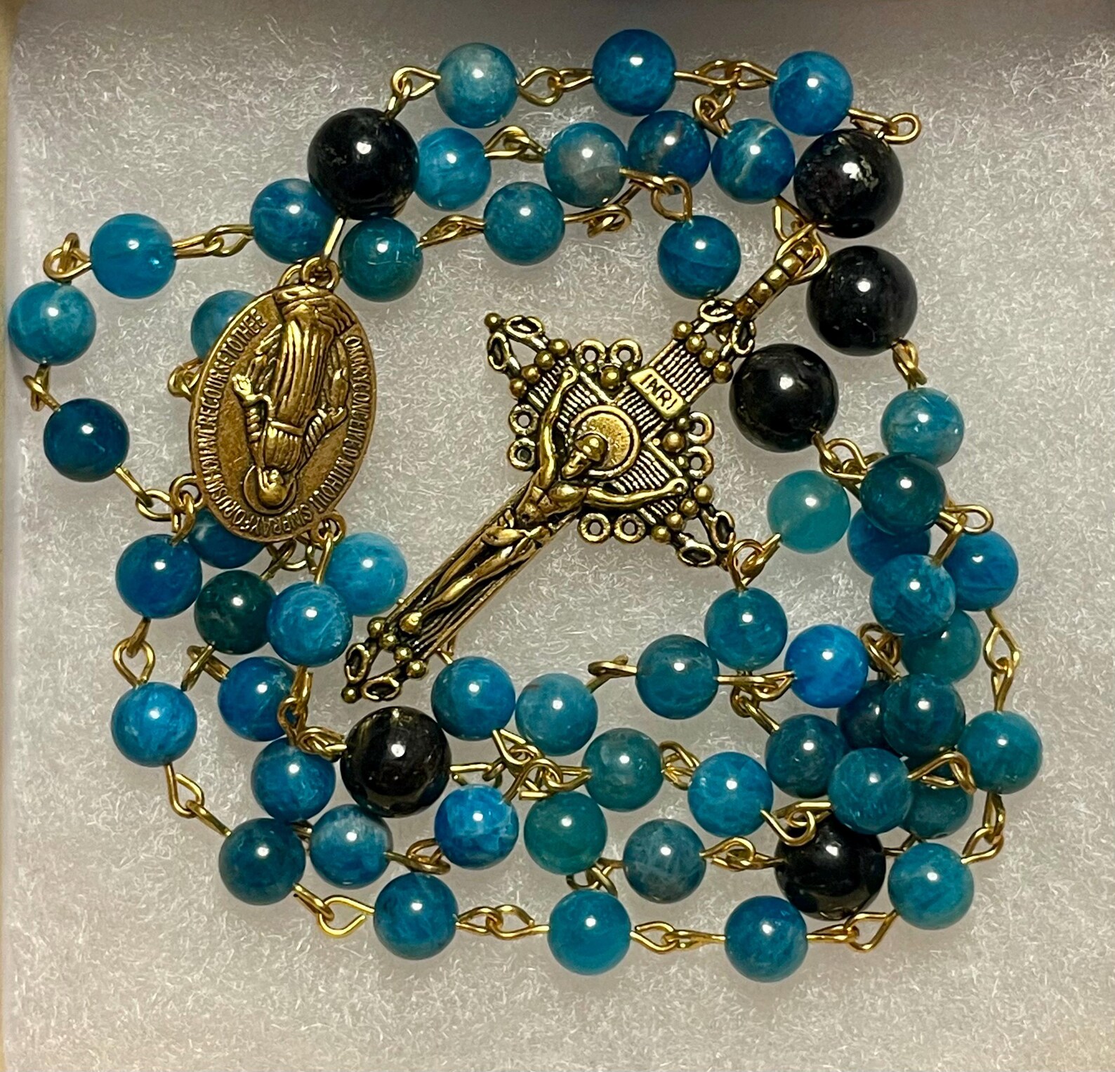 Blue Apatite and Astrophyllite Gemstone Rosary - St. Paul of the Cross - Image 3