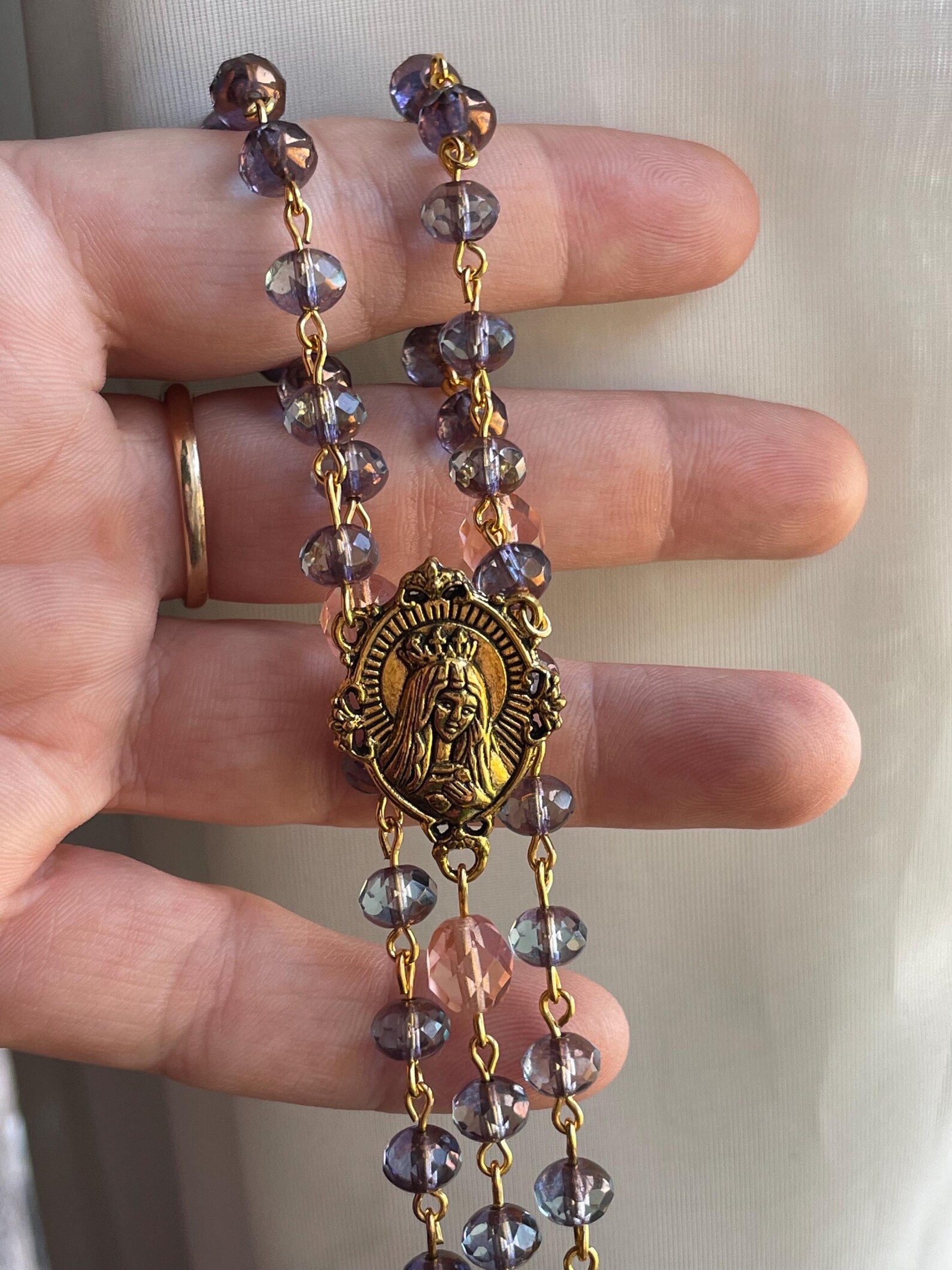 Smoky Purple and Peach Czech Glass Handmade Rosary - St. Raymond of Pennafort - Image 4