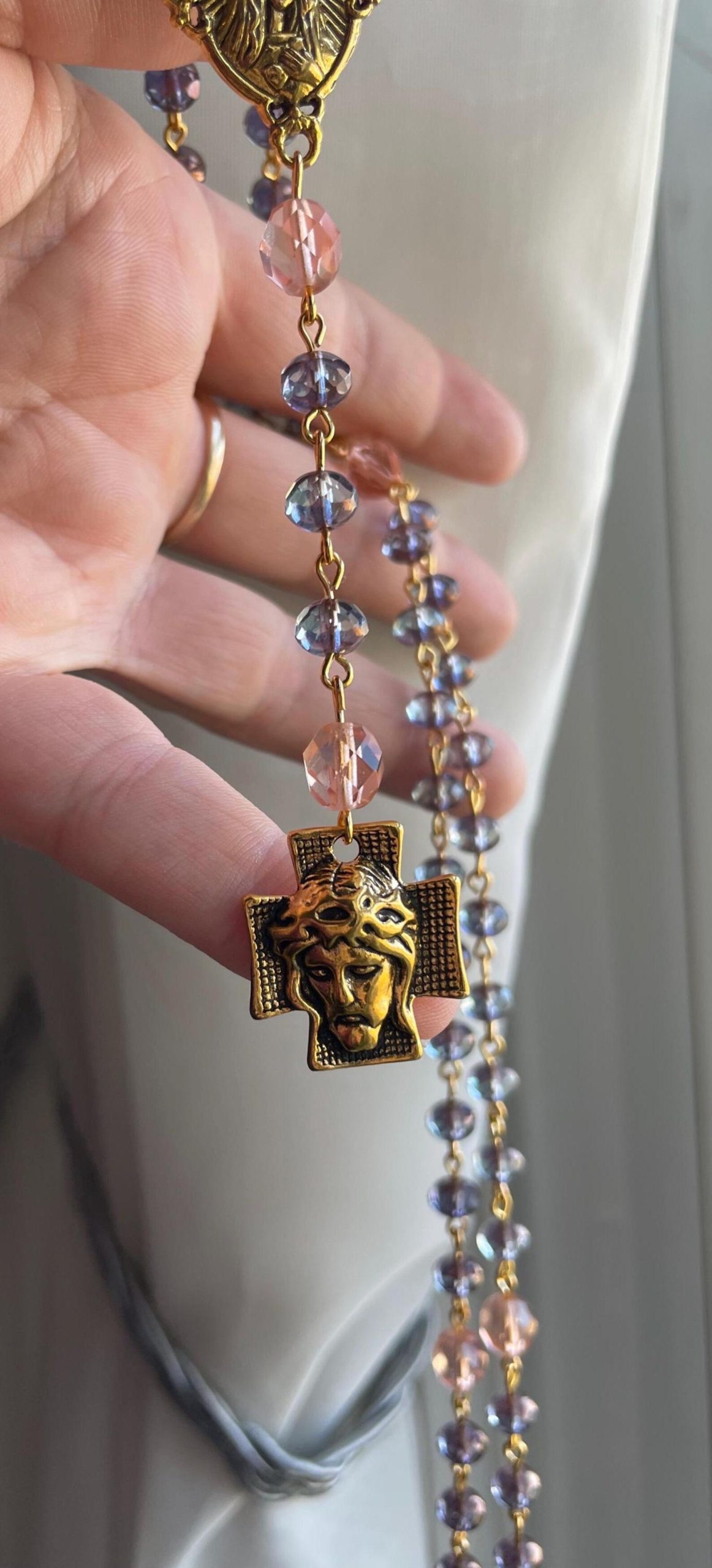 Smoky Purple and Peach Czech Glass Handmade Rosary - St. Raymond of Pennafort