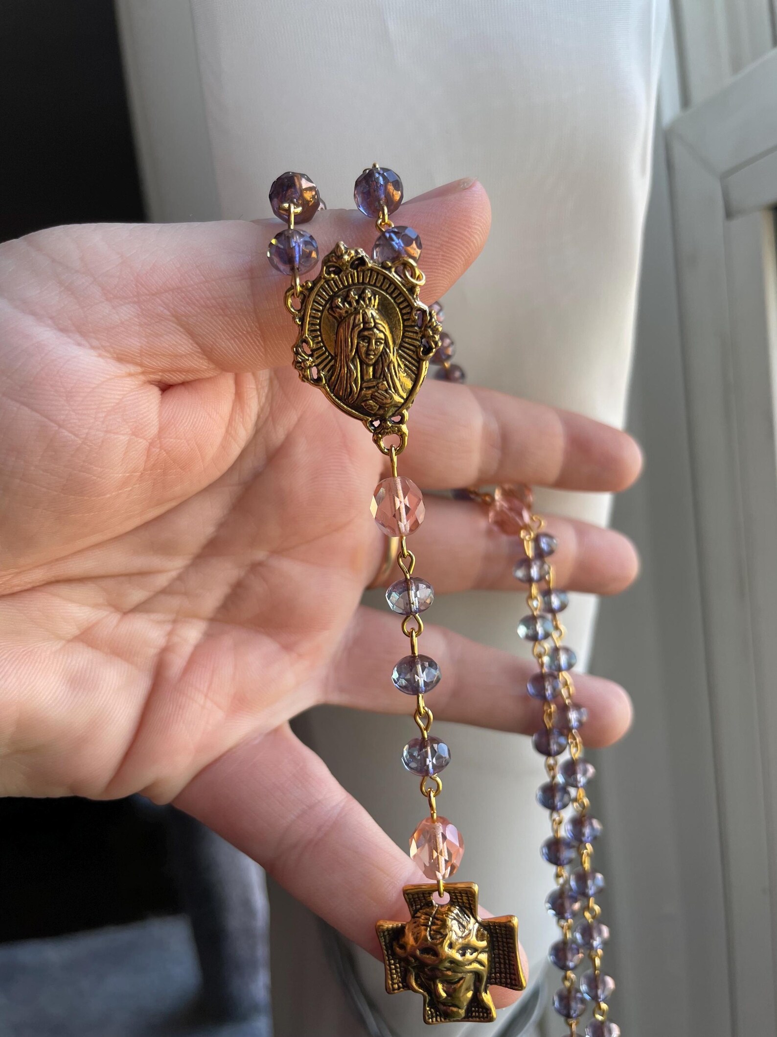 Smoky Purple and Peach Czech Glass Handmade Rosary - St. Raymond of Pennafort - Image 5