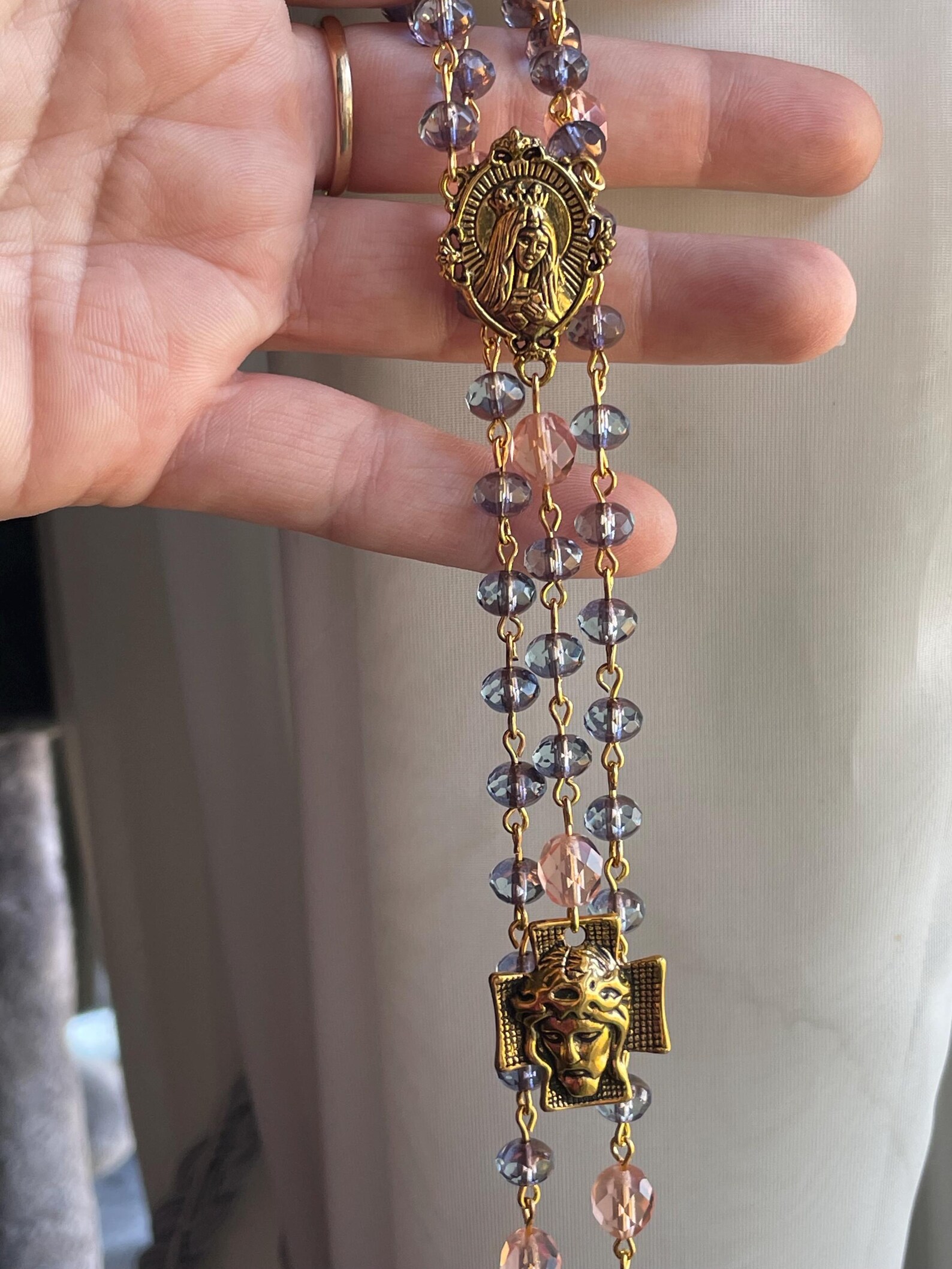 Smoky Purple and Peach Czech Glass Handmade Rosary - St. Raymond of Pennafort - Image 2