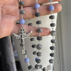 Blue Lace Agate, Grey Quartz, and Jasper Handmade Gemstone Rosary - St. Joseph