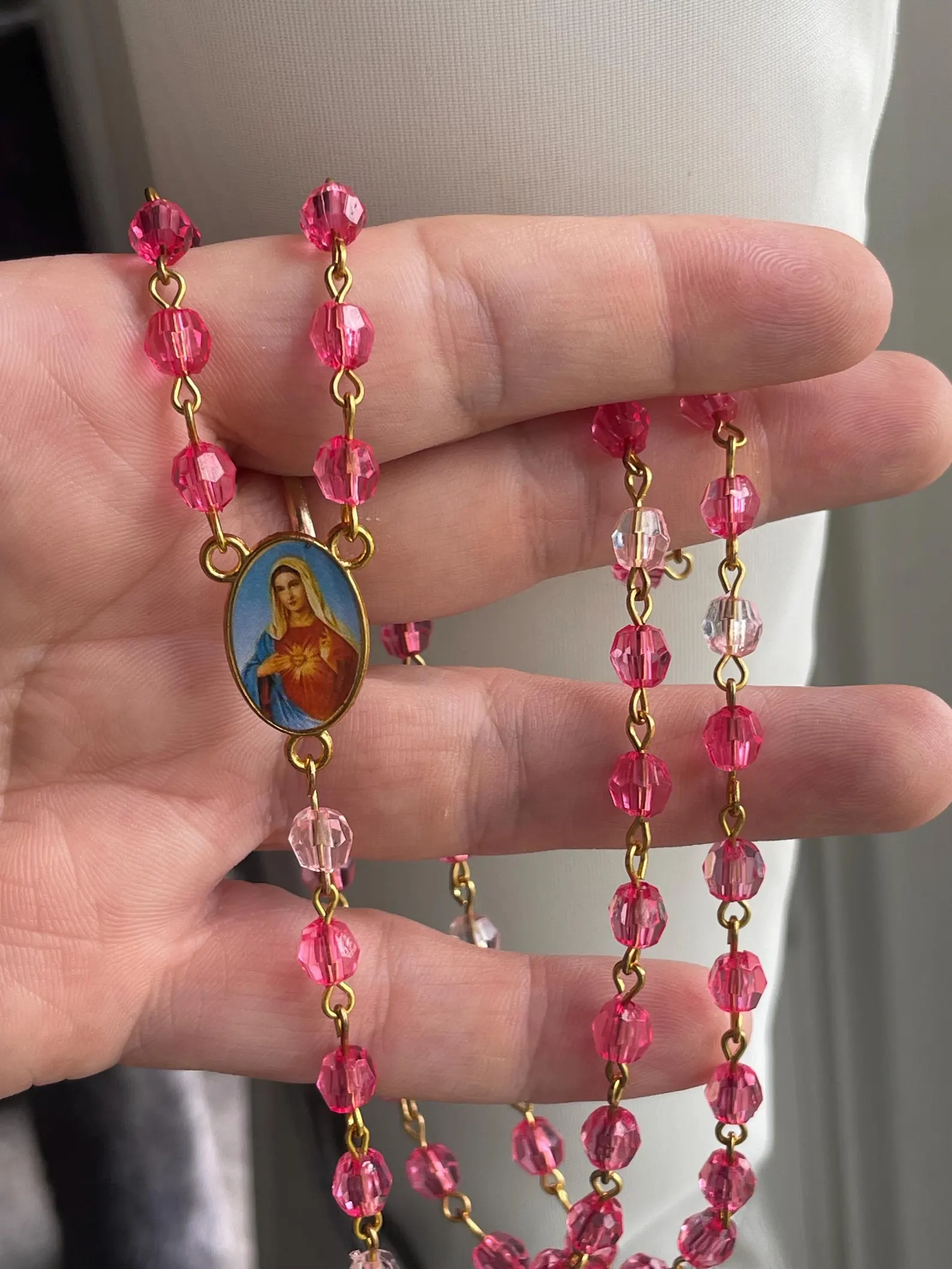 Pink Acrylic Rosary – Enamel Crucifix & Centerpiece, Kids First Communion - Image 3