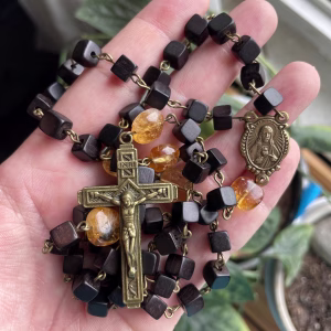 Black Sandalwood and Citrine Handmade Rosary - St. Catherine of Genoa