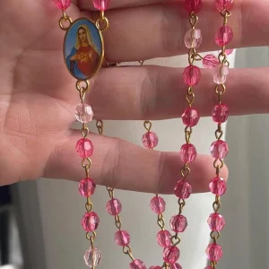 Pink Acrylic Rosary – Enamel Crucifix & Centerpiece, Kids First Communion