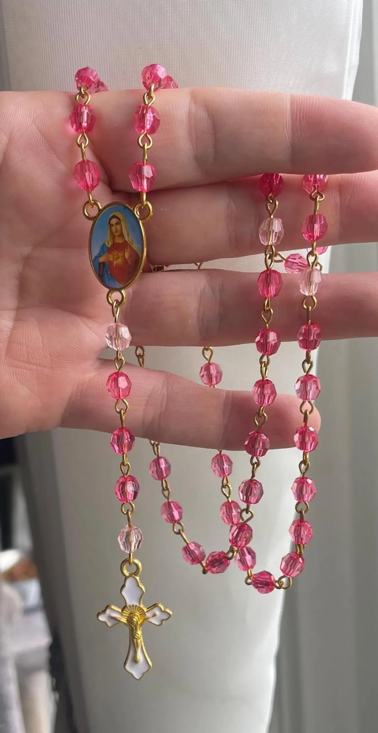 Pink Acrylic Rosary – Enamel Crucifix & Centerpiece, Kids First Communion