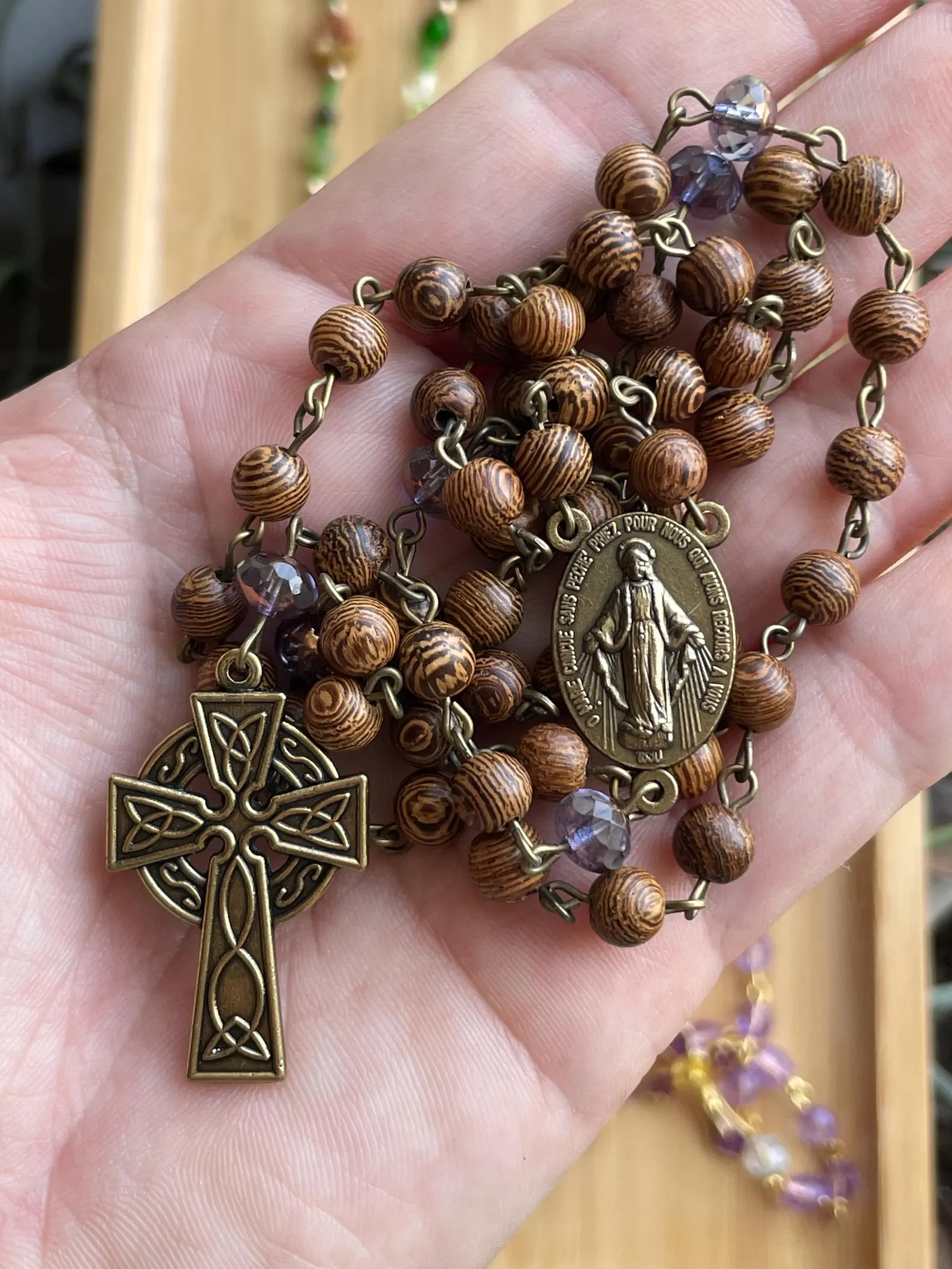 African Wenge Wood and Purple Glass Handmade Rosary - St. George - Image 3