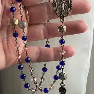 Blue and Gold Crystal Handmade Rosary - Saint Zita