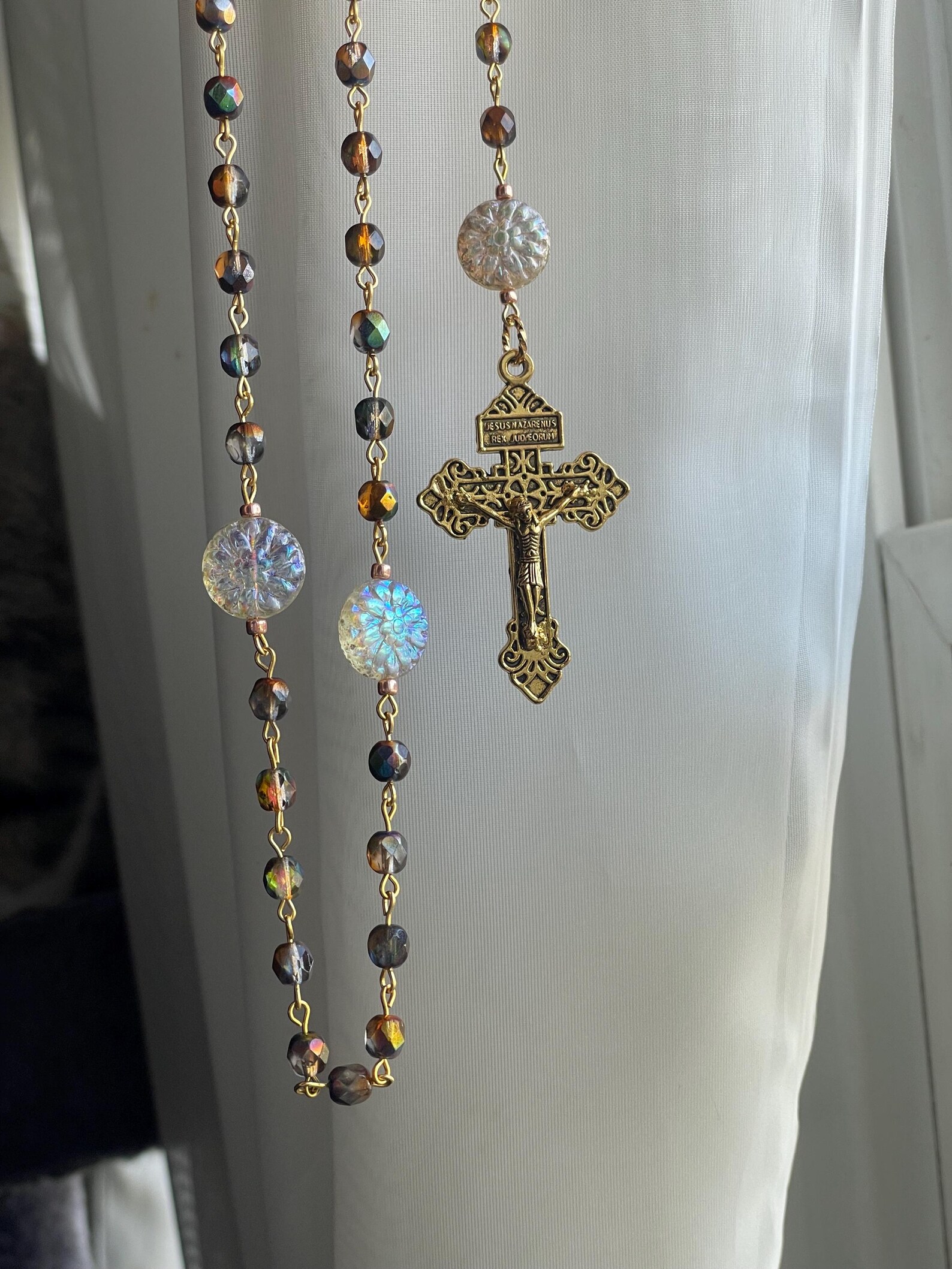 Iridescent Brown Czech Glass Handmade Rosary - St. Anselm - Image 3