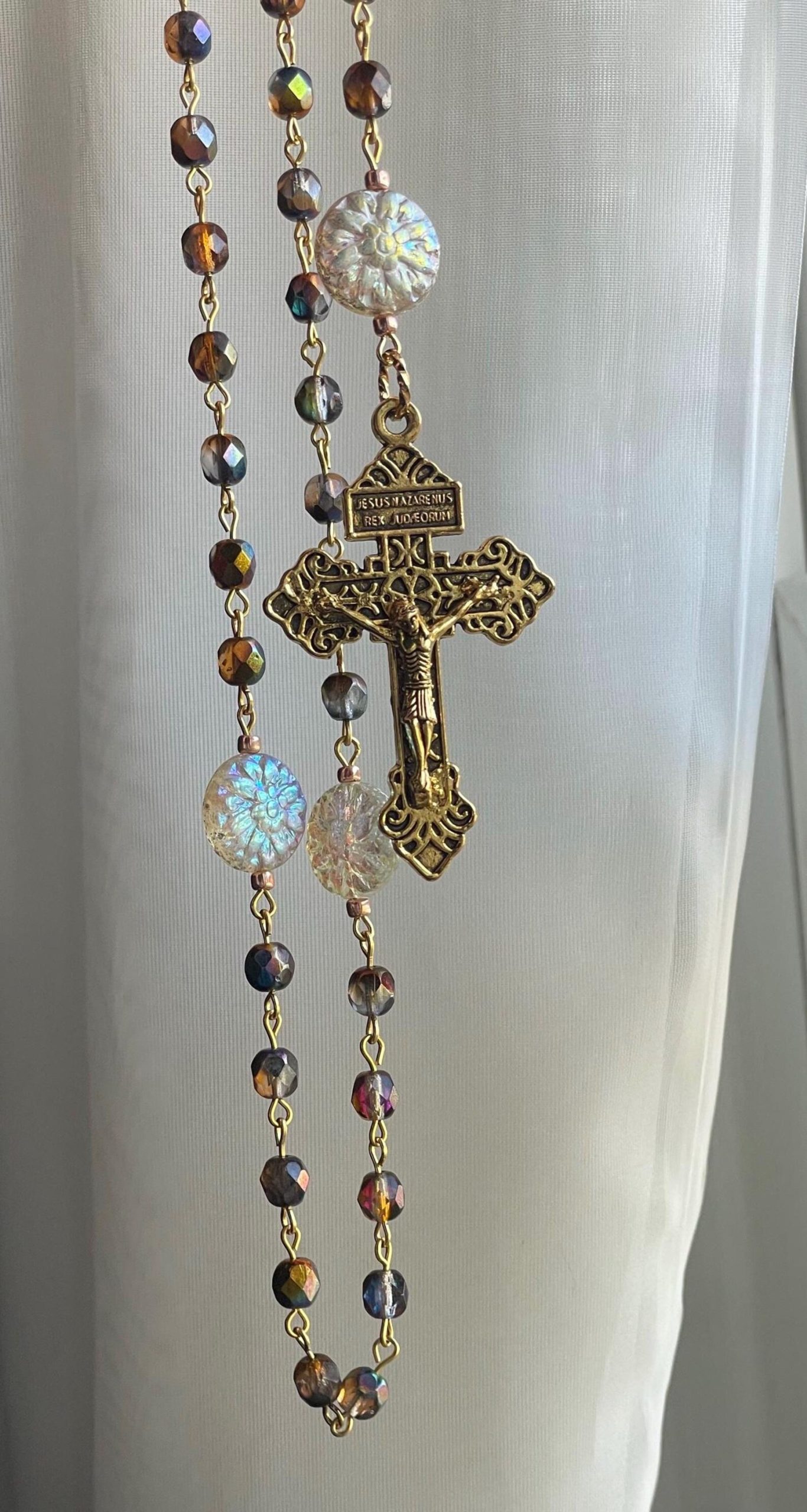 Iridescent Brown Czech Glass Handmade Rosary - St. Anselm - Image 4