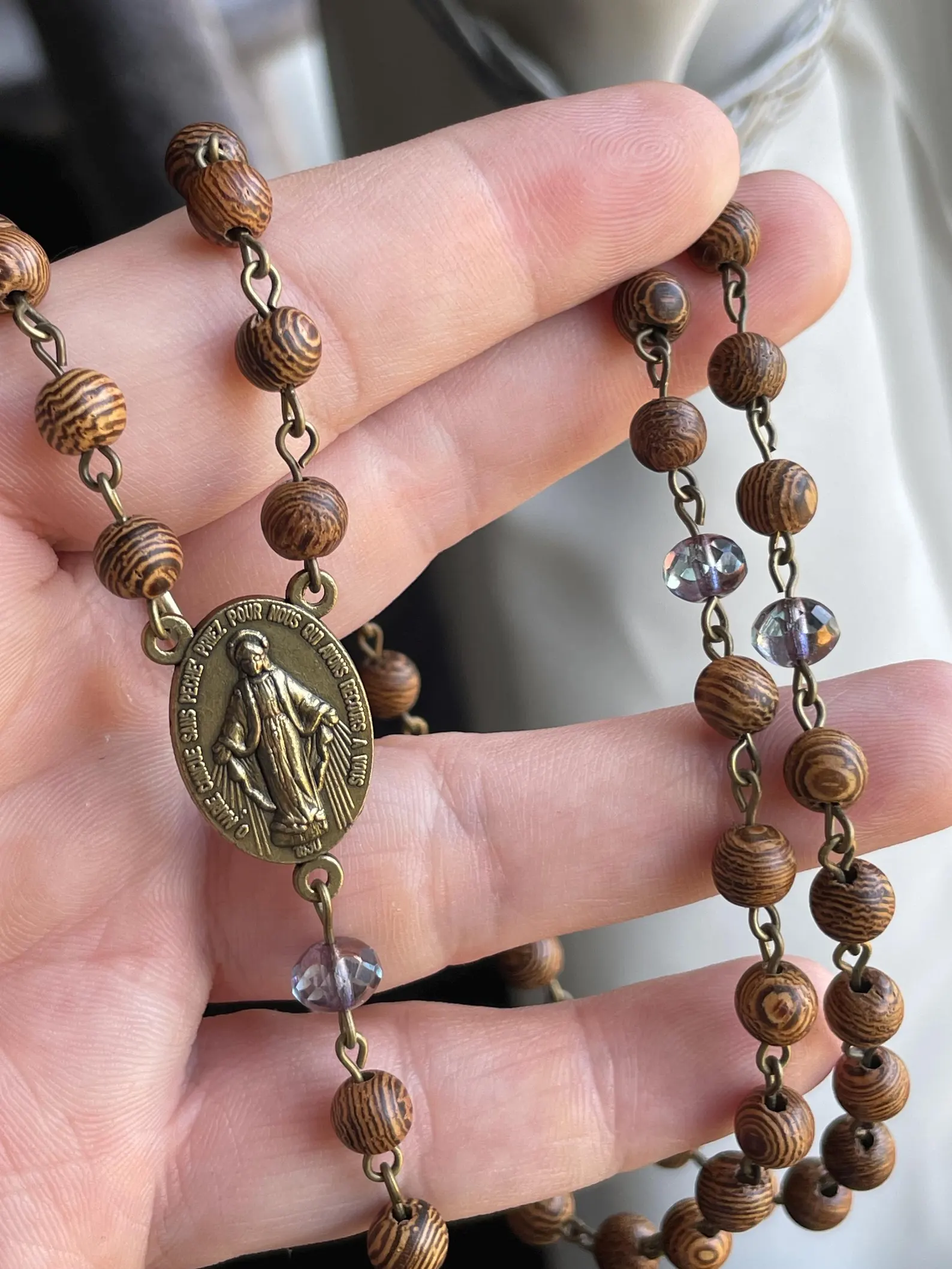 African Wenge Wood and Purple Glass Handmade Rosary - St. George - Image 4