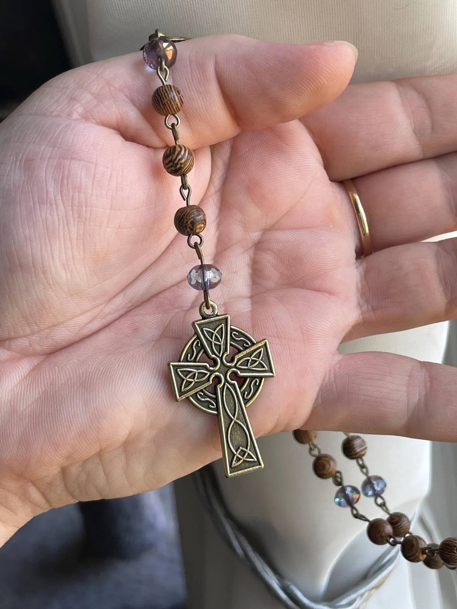 African Wenge Wood and Purple Glass Handmade Rosary - St. George - Image 5