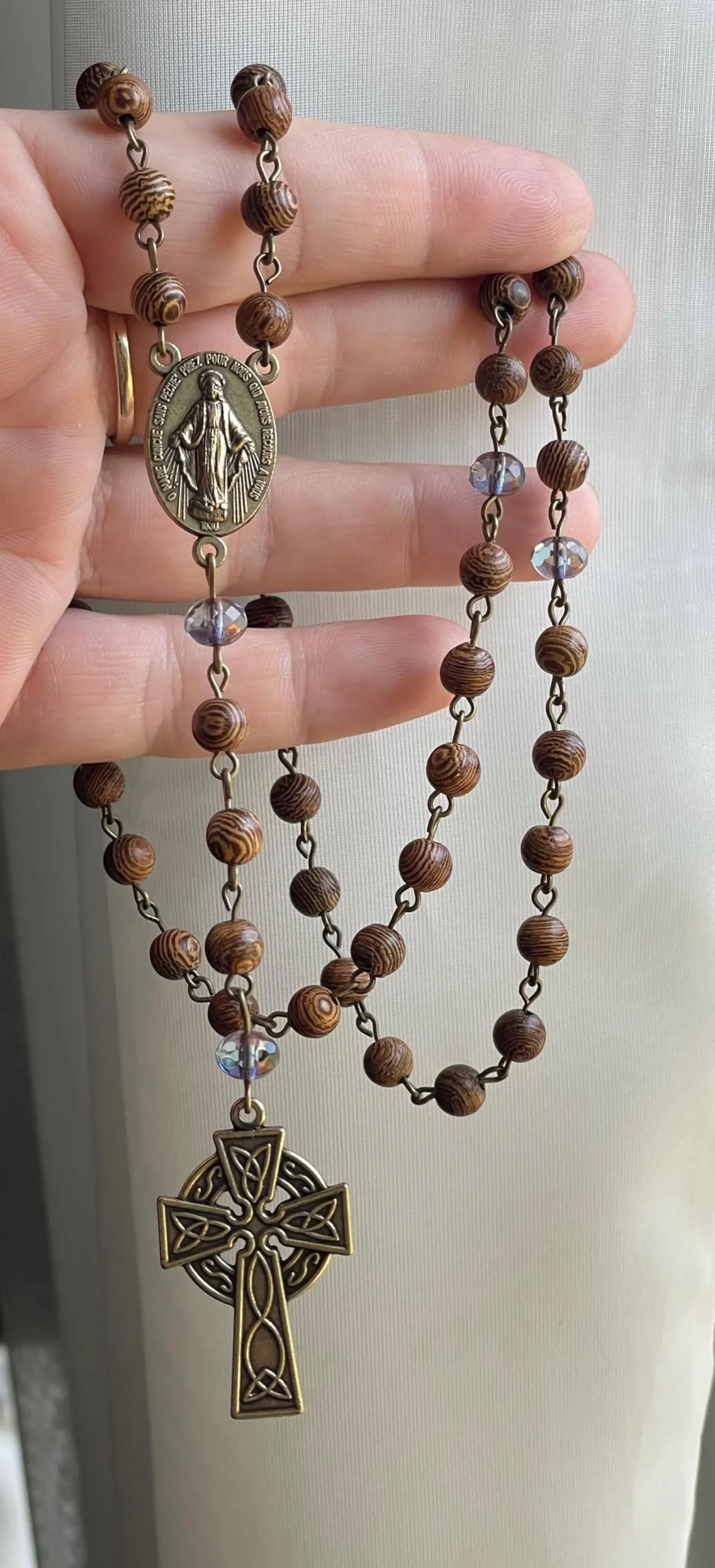 African Wenge Wood and Purple Glass Handmade Rosary - St. George