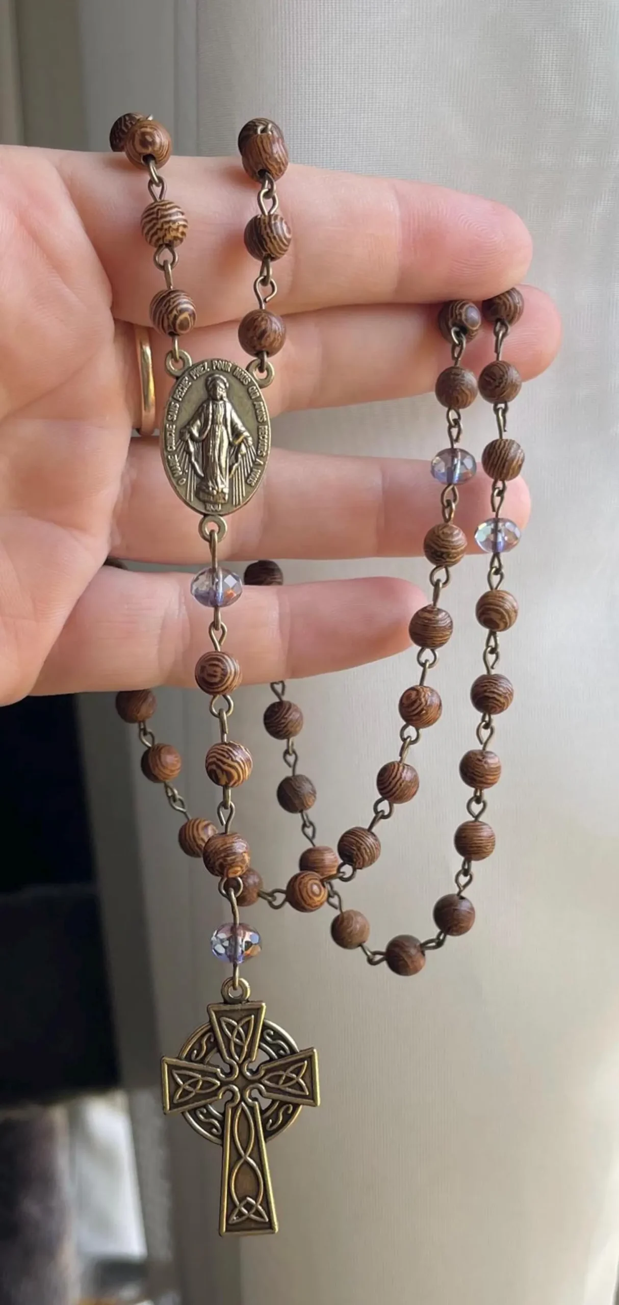 African Wenge Wood and Purple Glass Handmade Rosary - St. George - Image 2