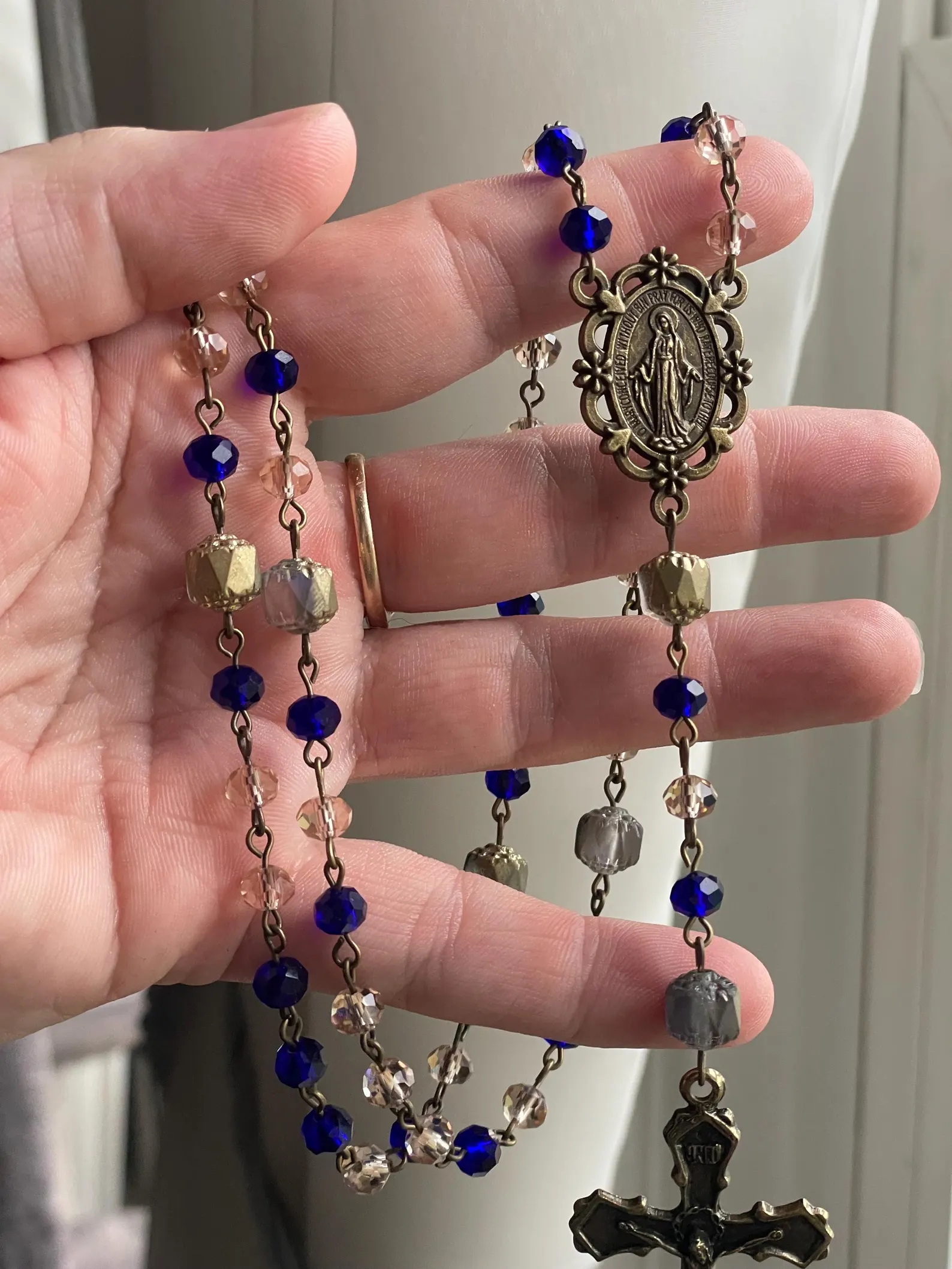 Blue and Gold Crystal Handmade Rosary - Saint Zita - Image 2