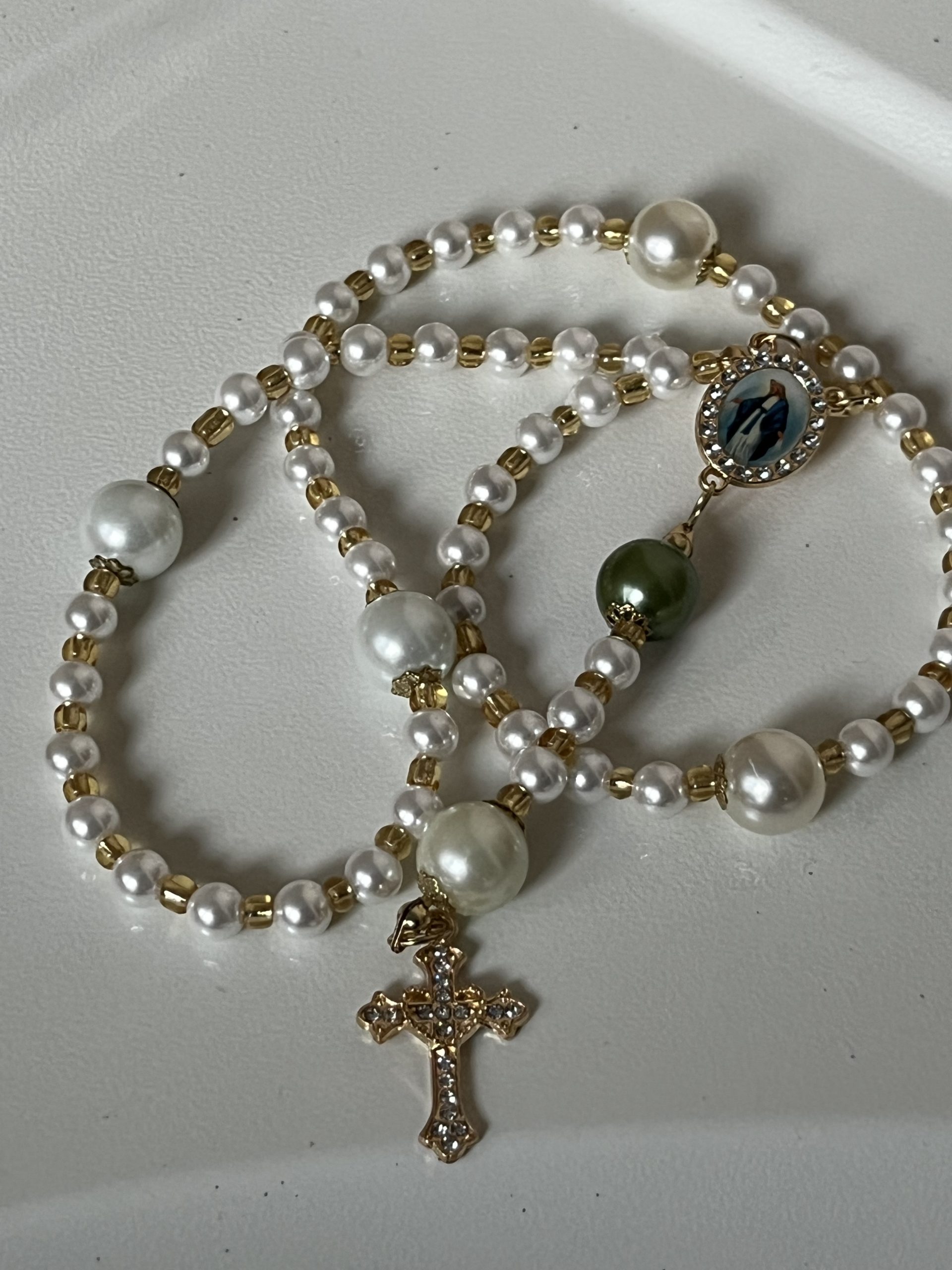Handmade Glass Pearl Rosary | Gold Tone Catholic Prayer Beads, Rhinestone Crucifix, Miraculous Medal - Image 2