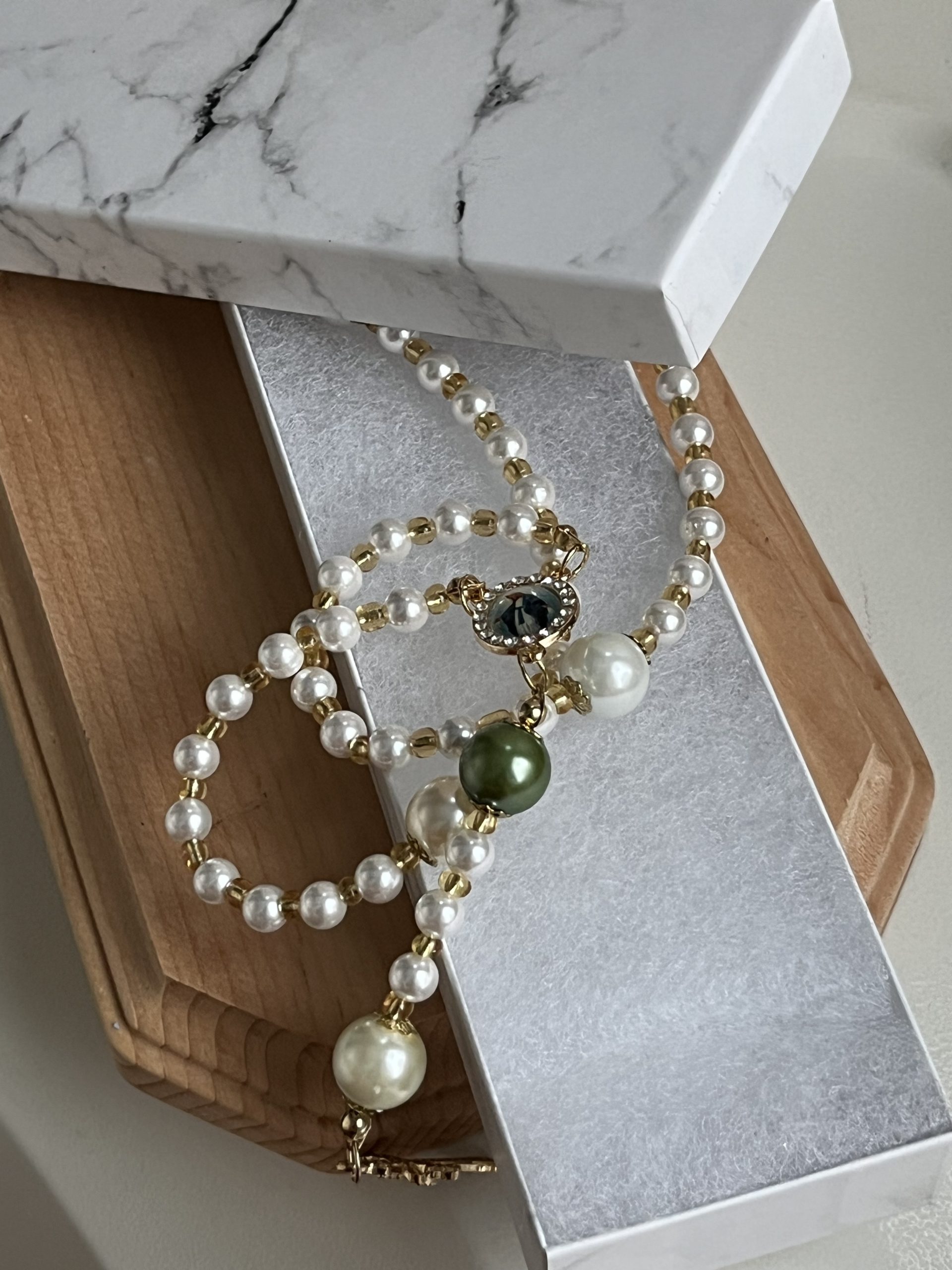 Handmade Glass Pearl Rosary | Gold Tone Catholic Prayer Beads, Rhinestone Crucifix, Miraculous Medal