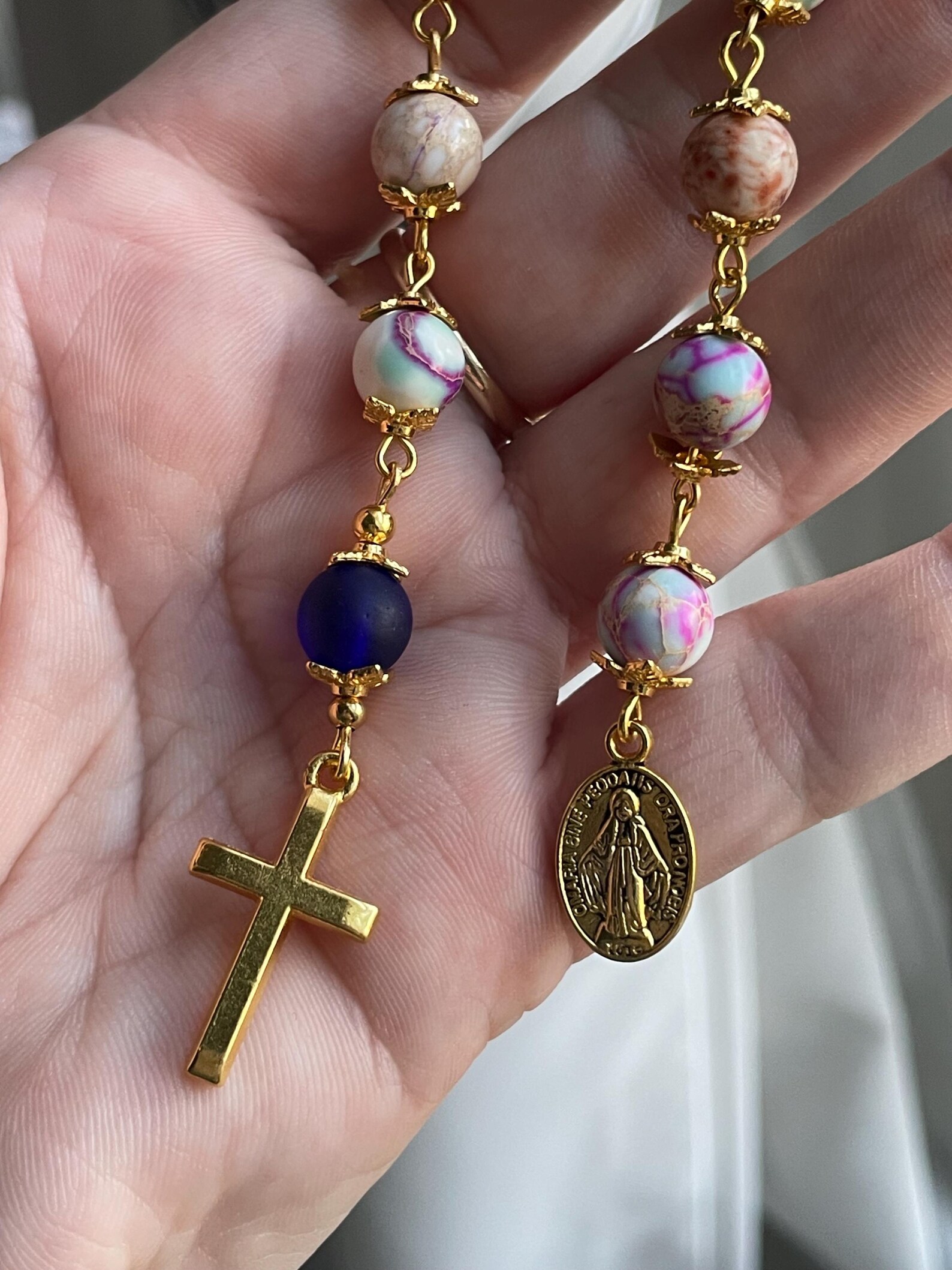 Imperial Jasper and Blue Sea Glass Single Decade Rosary - Image 4