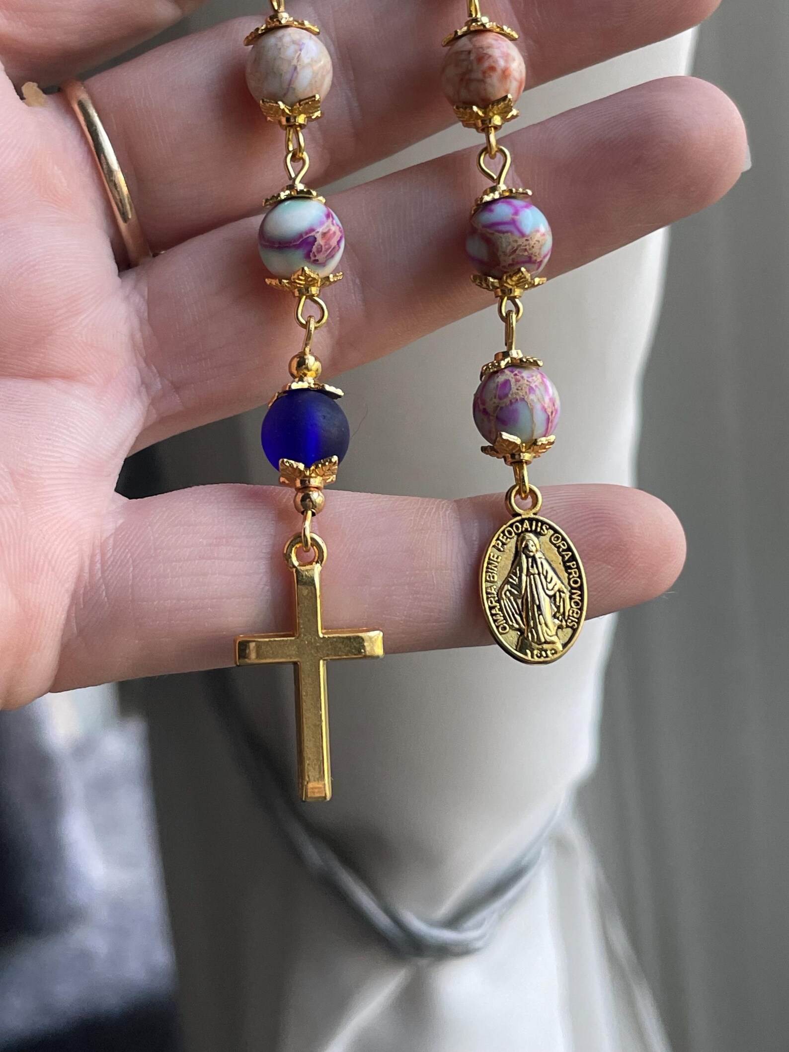 Imperial Jasper and Blue Sea Glass Single Decade Rosary - Image 3