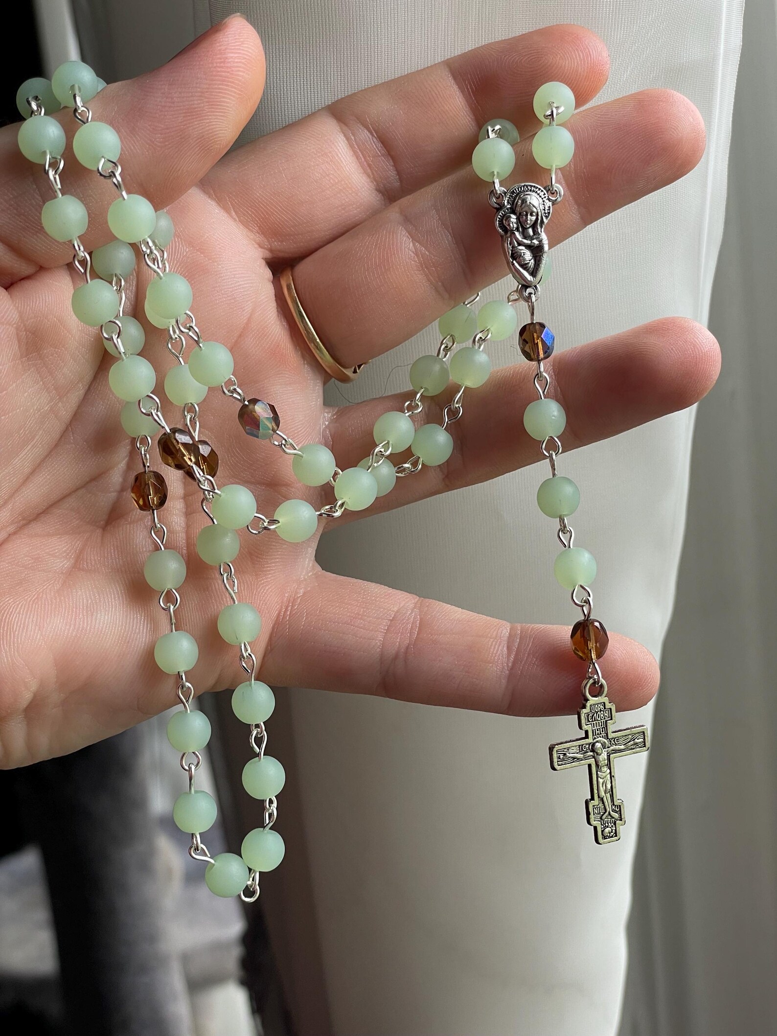 Green Sea Glass Handmade Rosary - St. Nunzio Sulprizio