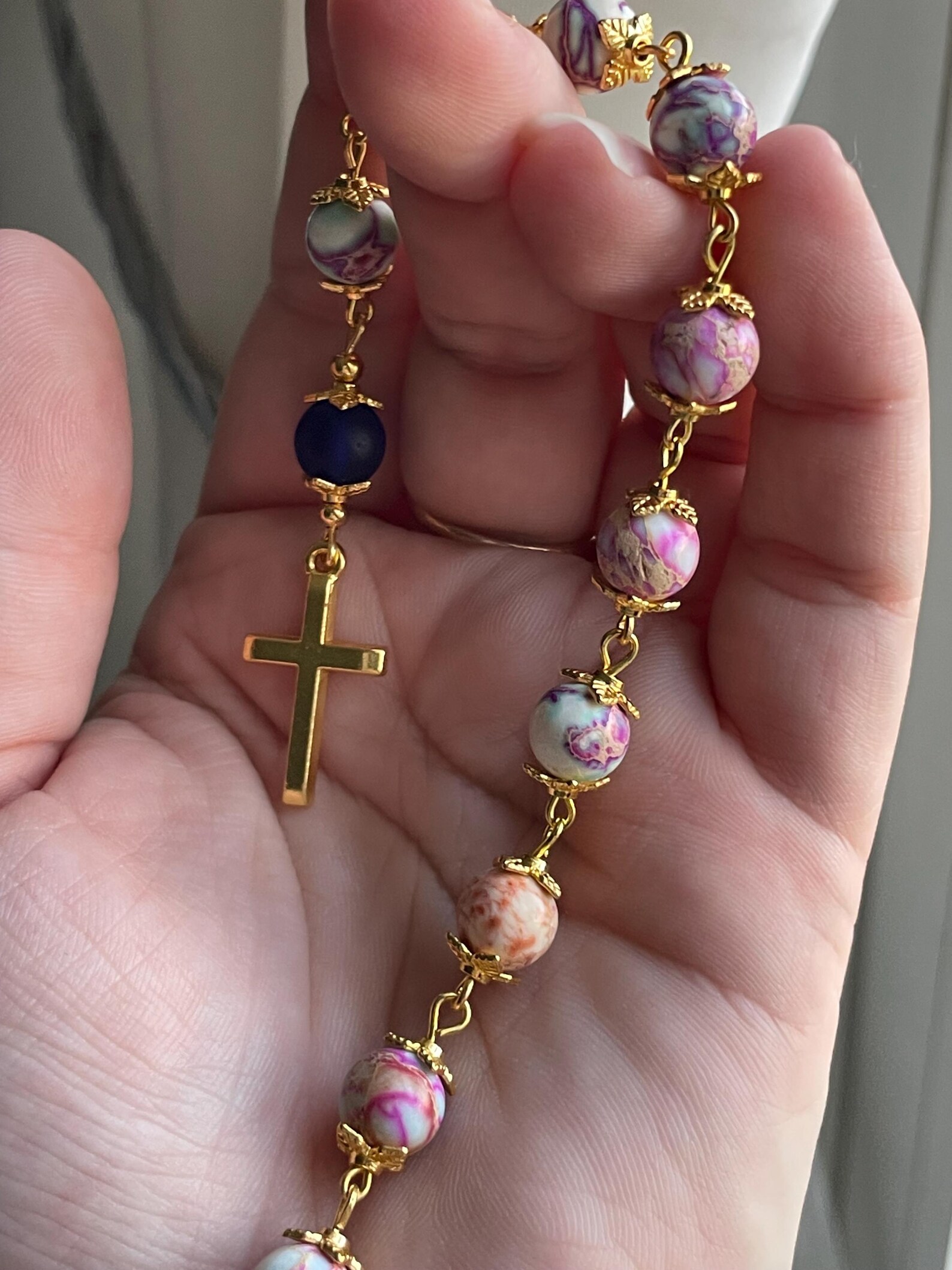 Imperial Jasper and Blue Sea Glass Single Decade Rosary - Image 2