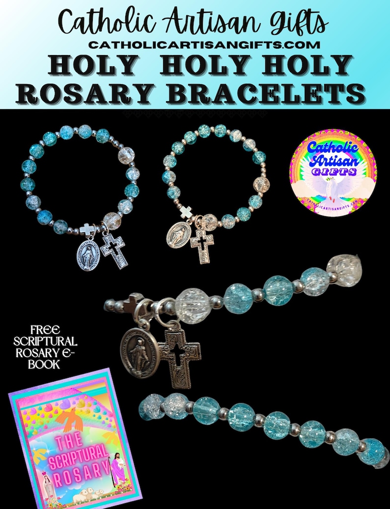 Holy Holy Holy Stretchy Shades of Ocean Blue Rosary Bracelet 6.5 inches Stretchy - Image 2