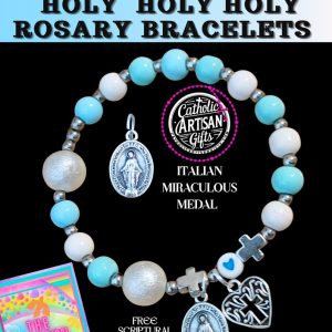 Holy Holy Holy Shades of Baby Blue and Snow Shimmery White Rosary Bracelet 7inches Stretchy bracelet