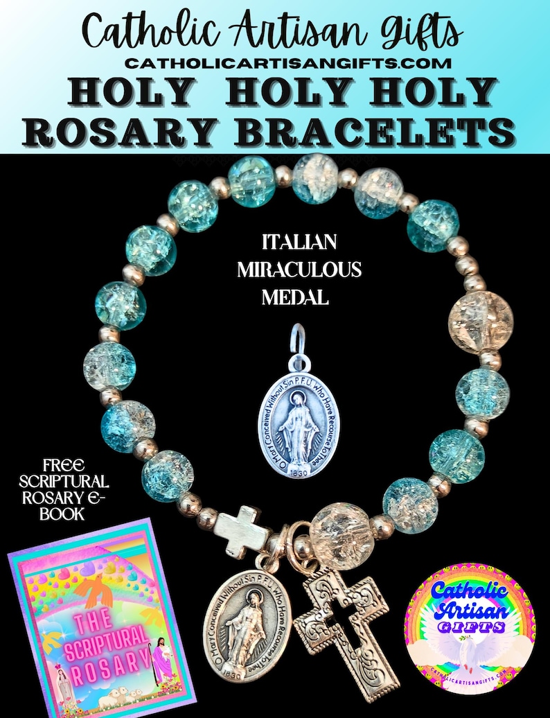 Holy Holy Holy Stretchy Shades of Ocean Blue Rosary Bracelet 6.5 inches Stretchy