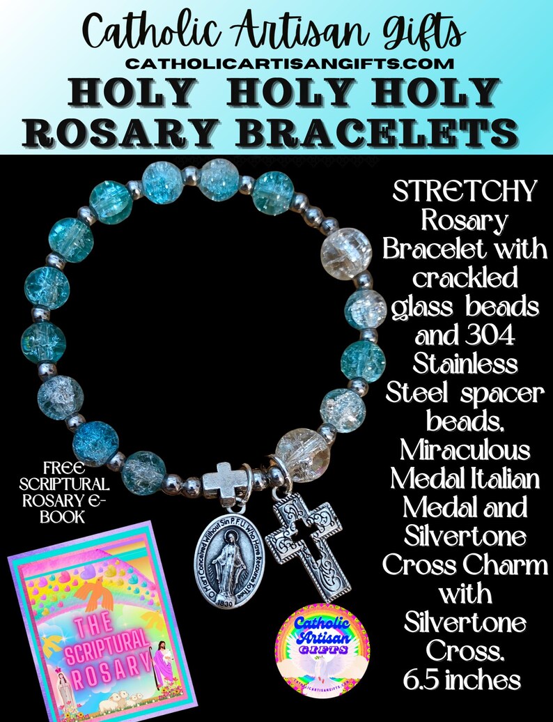 Holy Holy Holy Stretchy Shades of Ocean Blue Rosary Bracelet 6.5 inches Stretchy - Image 3