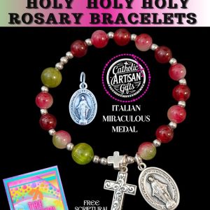 Holy Holy Holy Shades of Emerald Green and Ruby Red Hues Rosary Bracelet 6.5 inches Stretchy