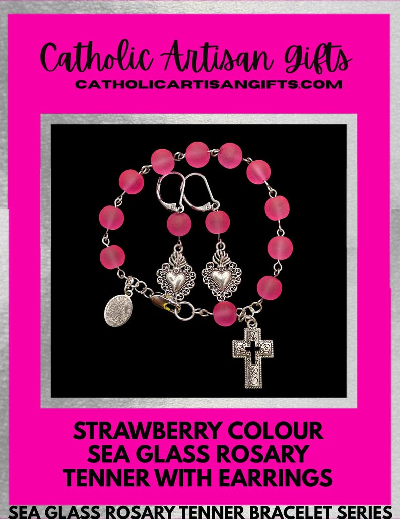 Strawberry Colour Sea Glass Rosary Tenner Bracelet Set is 6.8 inches.