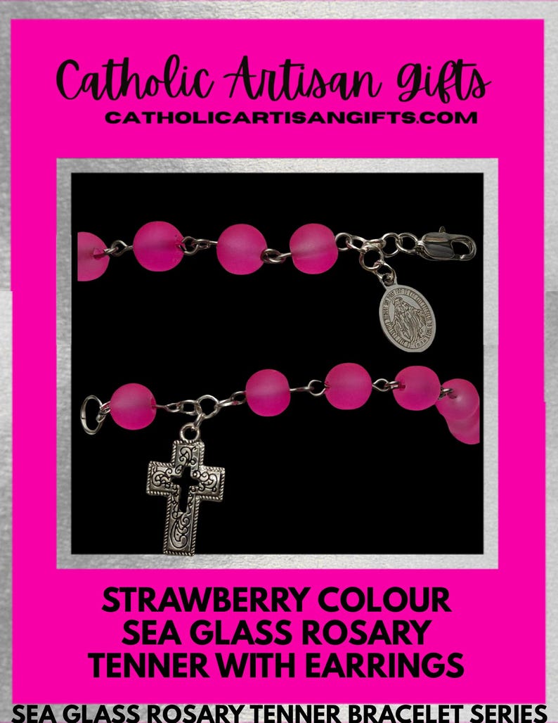 Strawberry Colour Sea Glass Rosary Tenner Bracelet Set is 6.8 inches. - Image 4