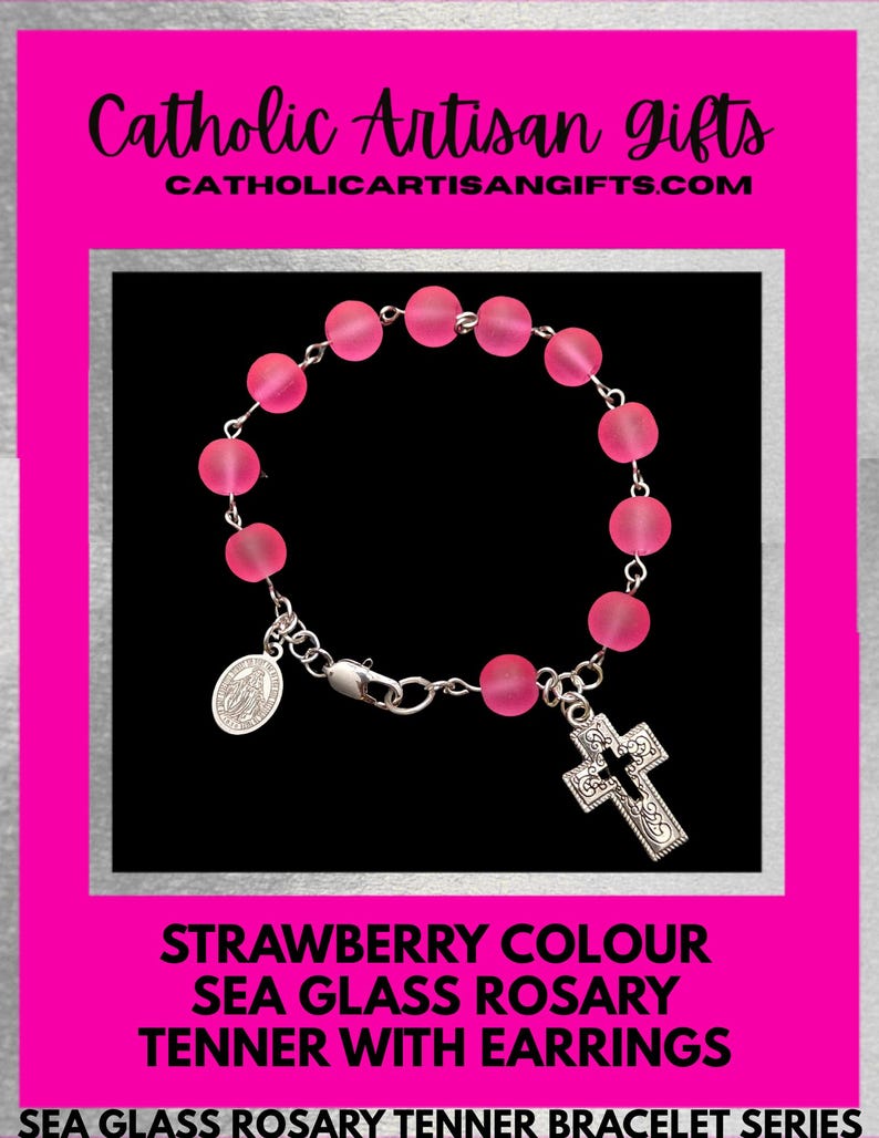 Strawberry Colour Sea Glass Rosary Tenner Bracelet Set is 6.8 inches. - Image 2
