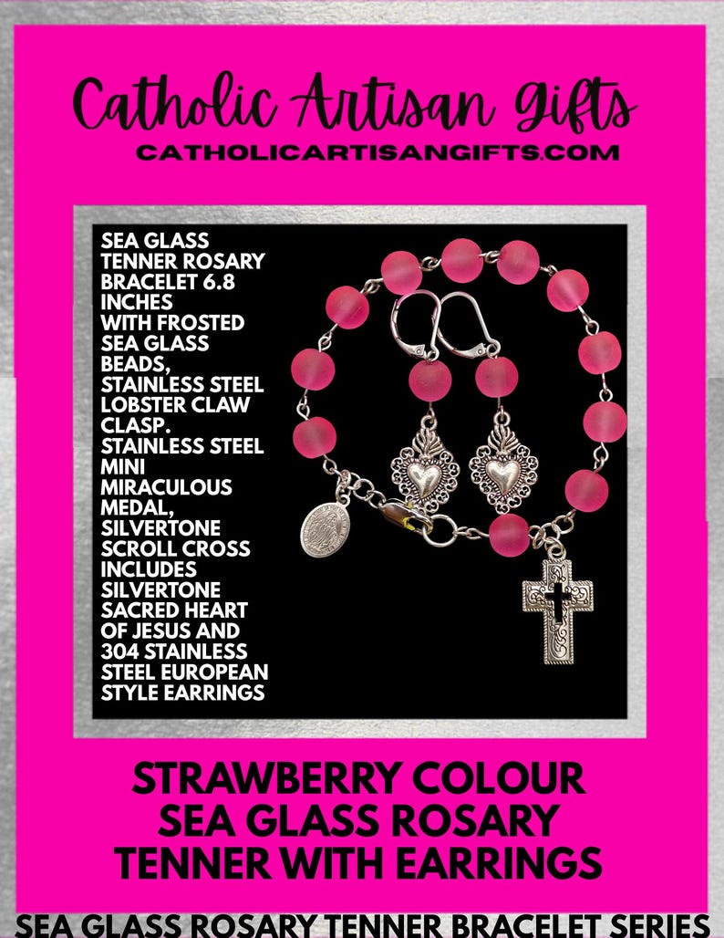 Strawberry Colour Sea Glass Rosary Tenner Bracelet Set is 6.8 inches. - Image 6