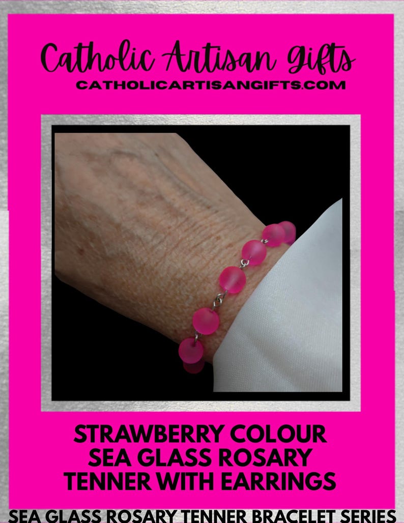 Strawberry Colour Sea Glass Rosary Tenner Bracelet Set is 6.8 inches. - Image 5